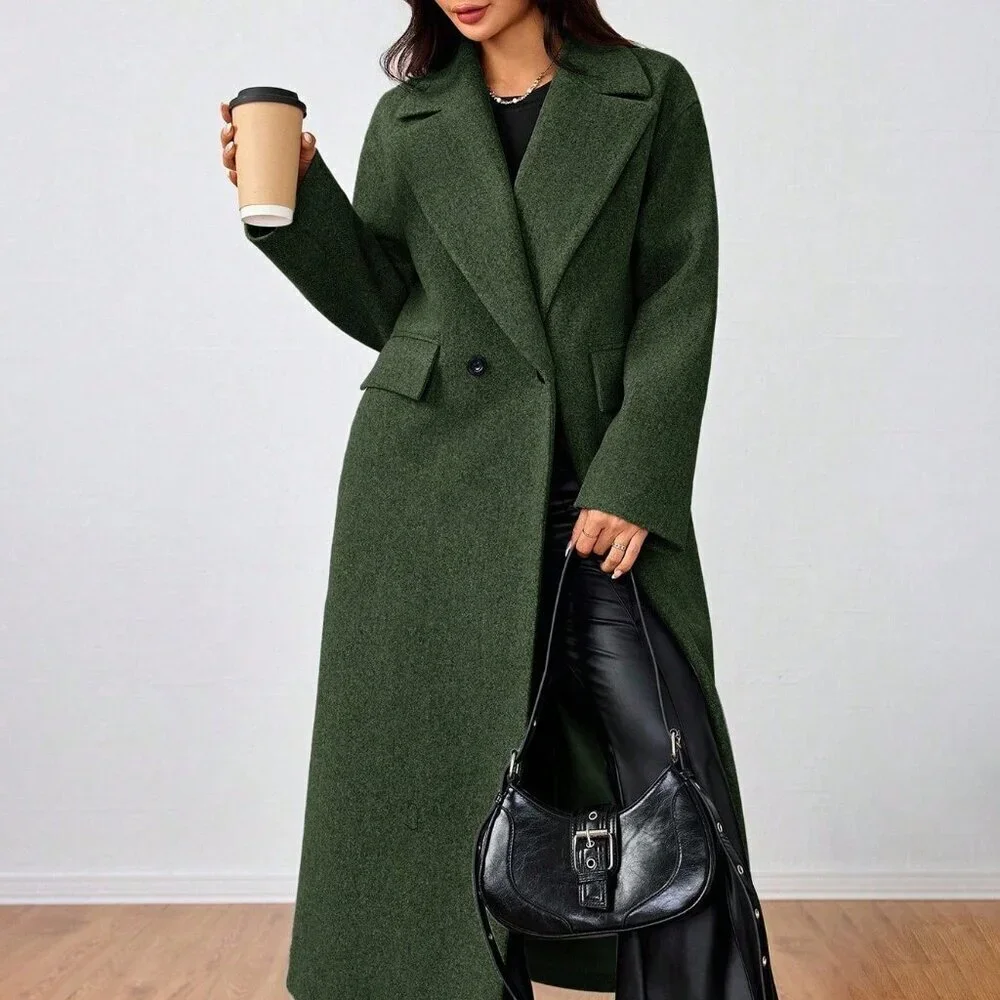 Army Green Casual Women's Lapel Long Coat